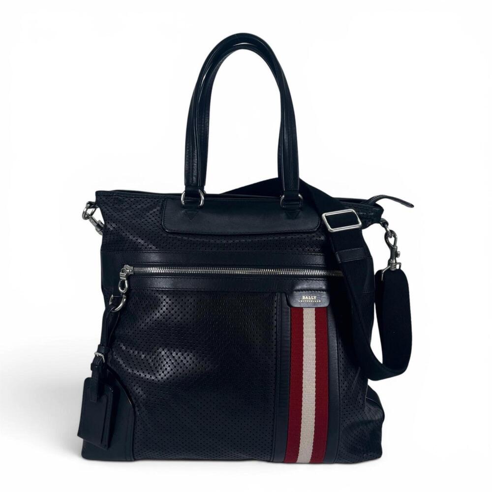 BALLY OTHAMAR-LG Calf Leather Perforated Stripe 2-Way Tote Bag/Shoulder Bag, ...